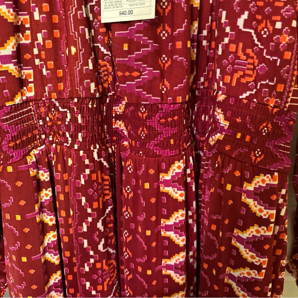 Knox Rose boho long sleeve dress deep hibiscus red Aztec hippie festival pockets - Picture 7 of 10